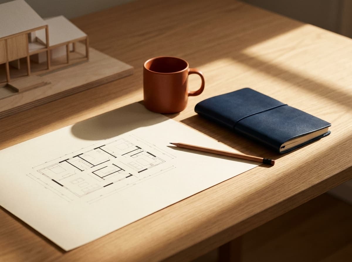 A one-page marketing plan on a desk beside a notebook and coffee