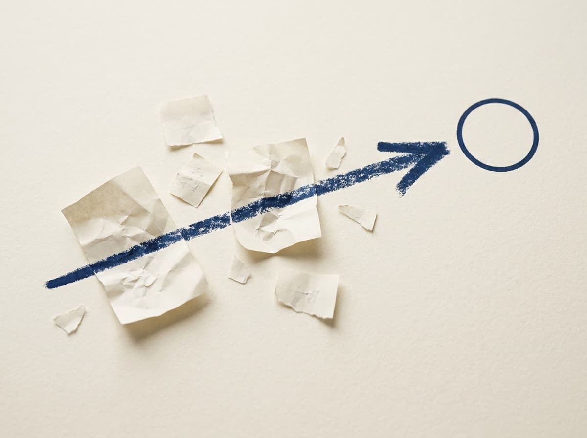 A single bold line drawn through scattered notes, converging on one clear point