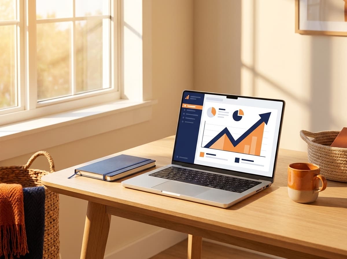 Laptop on a desk showing a simple analytics dashboard with a rising line